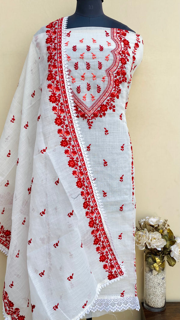 Designer Embroidered Suit Length 3 Piece White Kota