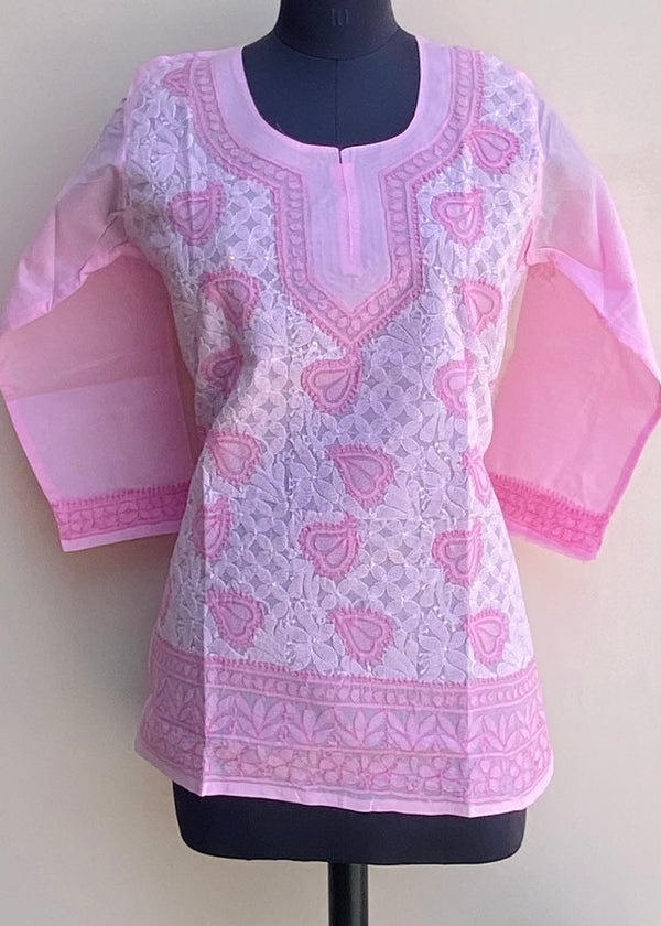 Lucknowi Chikankari Short Kurti Pink Cotton
