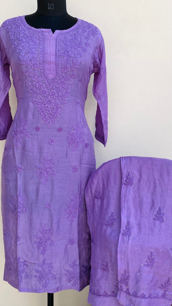 Lucknowi Chikankari Co-ord Set Purple Muslin Cotton With Self & Mukaish Work