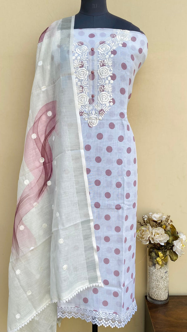 Designer Embroidered Polka Dots Suit Length 3 Piece White Linen