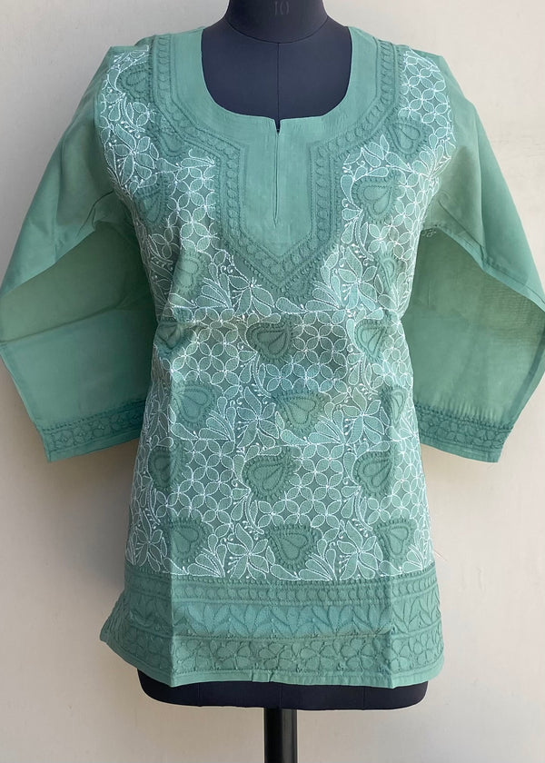 Lucknowi Chikankari Short Kurti Teal Green Cotton