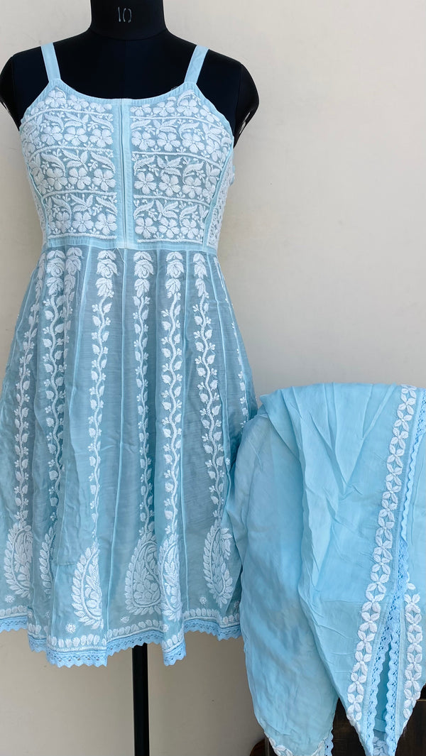 Lucknowi Chikankari Co-ord Set Powder Blue Muslin Cotton