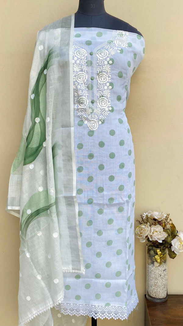 Designer Embroidered Polka Dots Suit Length 3 Piece White Linen