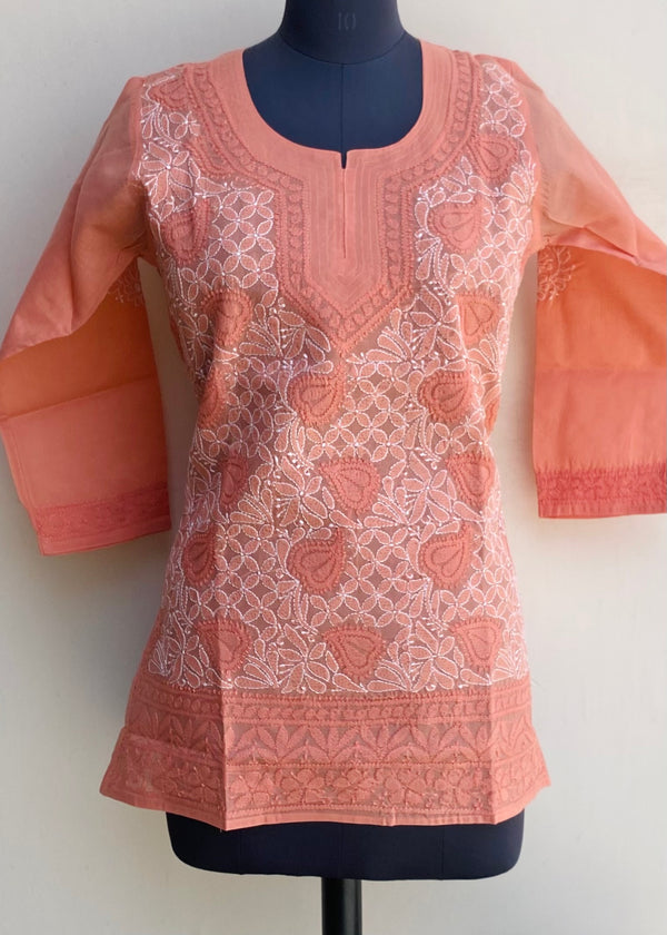 Lucknowi Chikankari Short Kurti Copper Cotton