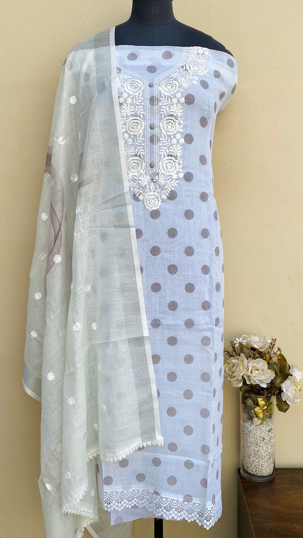 Designer Embroidered Polka Dots Suit Length 3 Piece White Linen