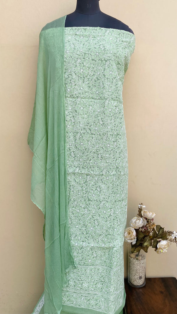 Lucknowi Chikankari Suit Length 3 Piece Teal Green Cotton