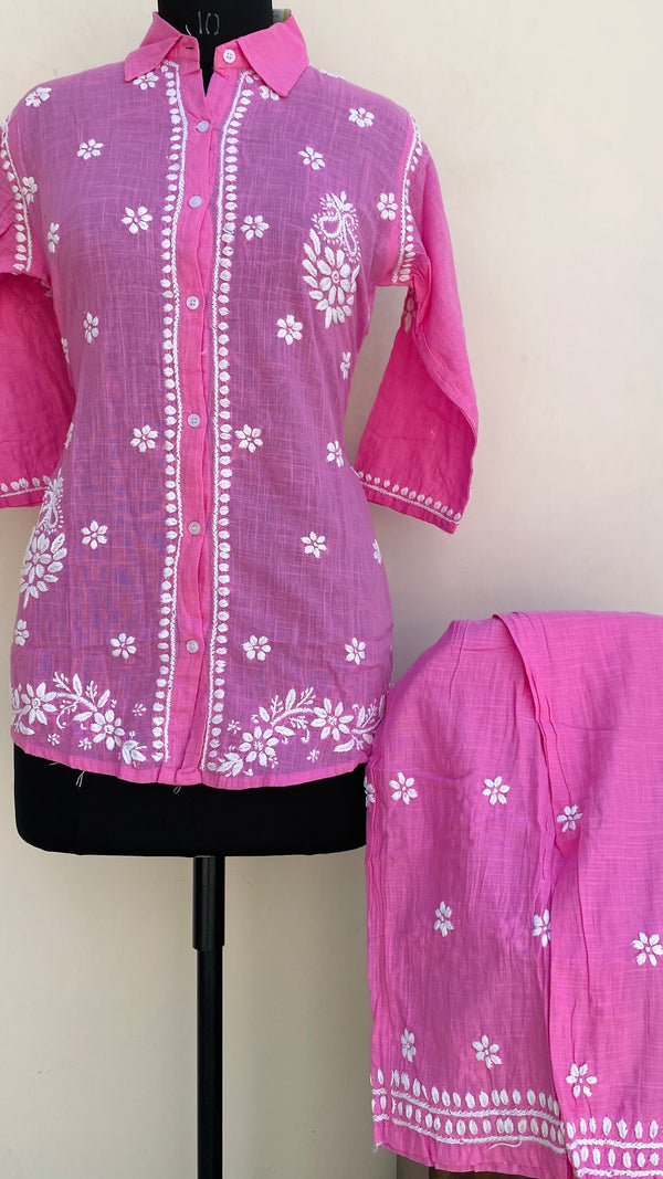 Lucknowi Chikankari Co-ord Set Pink Linen