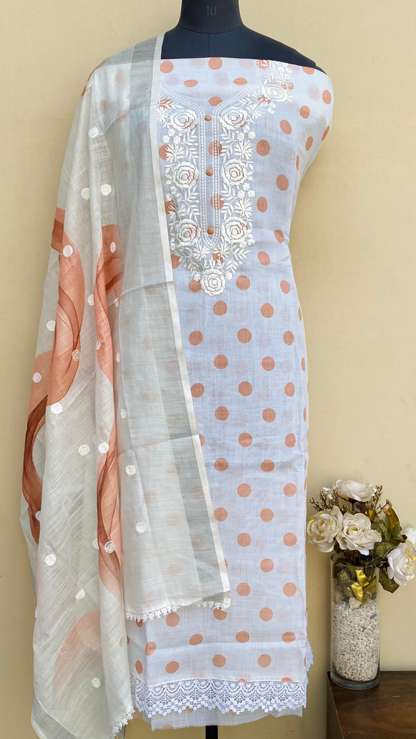 Designer Embroidered Polka Dots Suit Length 3 Piece White Linen