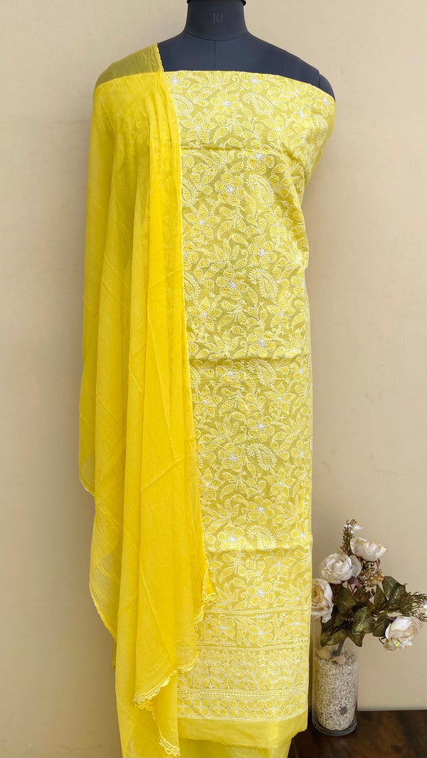 Lucknowi Chikankari Suit Length 3 Piece Yellow Cotton