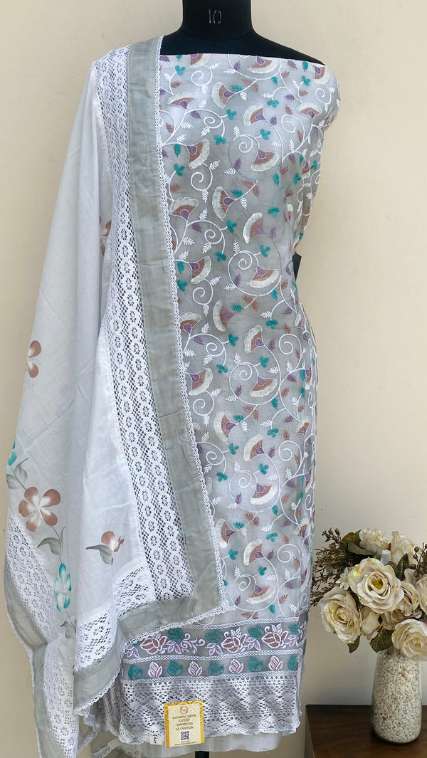 Designer Embroidered Suit Length 3 Piece Gray Organza