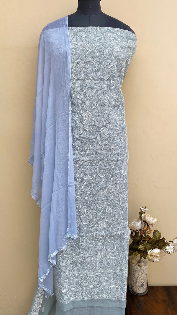 Lucknowi Chikankari Suit Length 3 Piece Gray Cotton