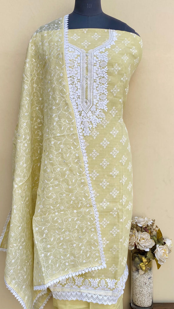 Designer Embroidered Suit Length 3 Piece Mehndi Green Kota