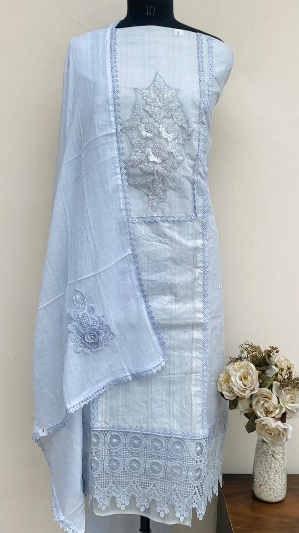 Designer Embroidered Suit Length 3 Piece Gray Organza With Pearl ,Cutdana & Sequence Work