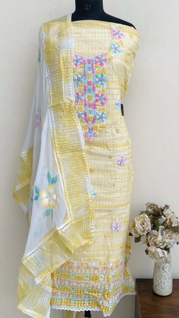 Designer Embroidered Suit Length 3 Piece Yellow Organza With Sequence Work