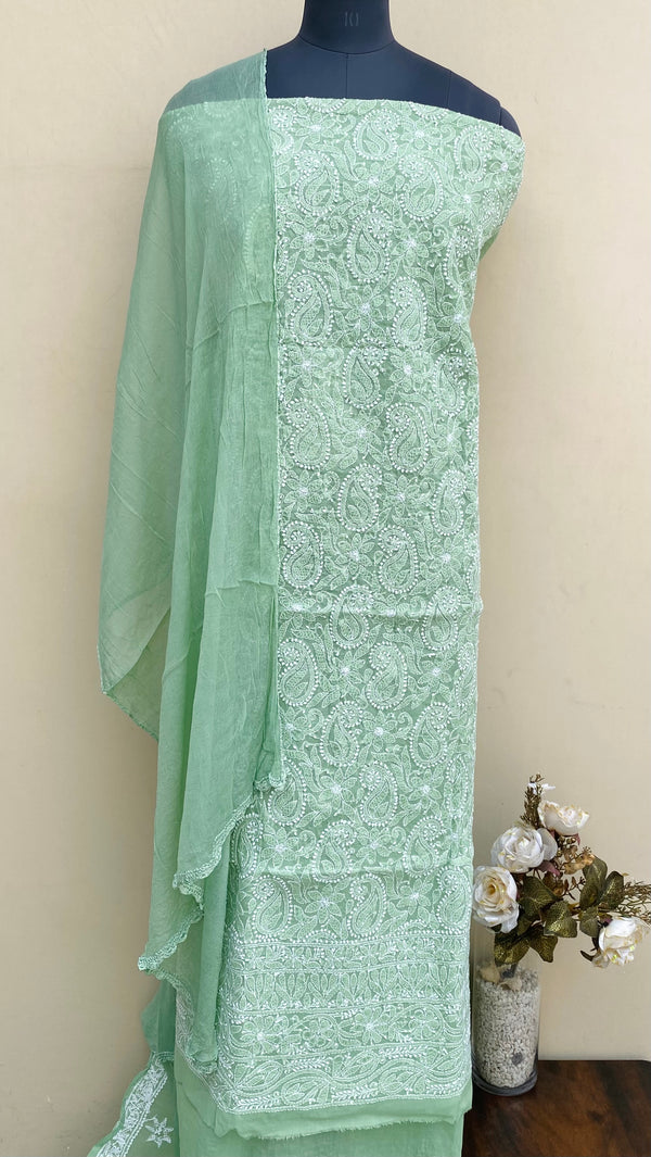 Lucknowi Chikankari Suit Length 3 Piece Teal Green Cotton