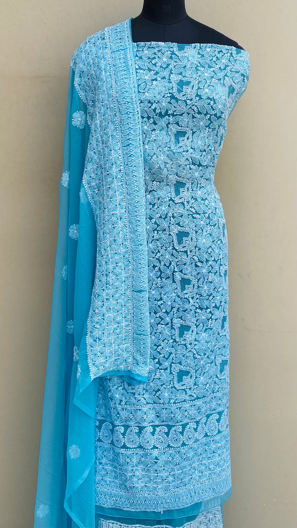 Lucknowi Chikankari Suit Length 3 Piece Blue Georgette