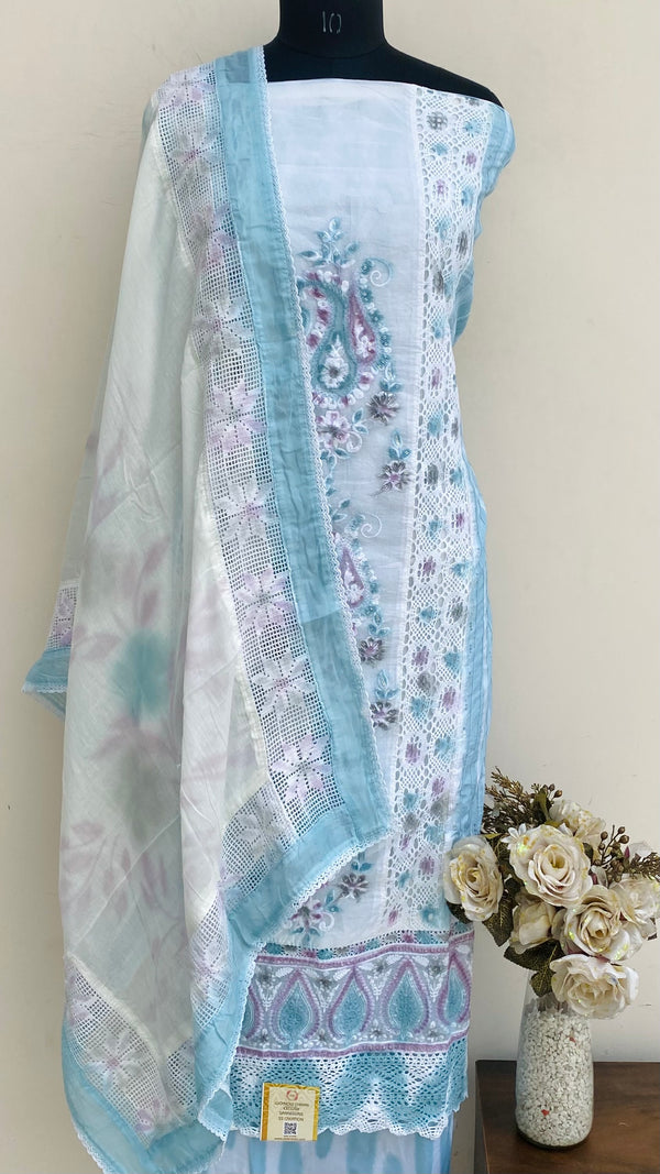 Designer Embroidered Suit Length 3 Piece White Mal Cotton With Sequence Work