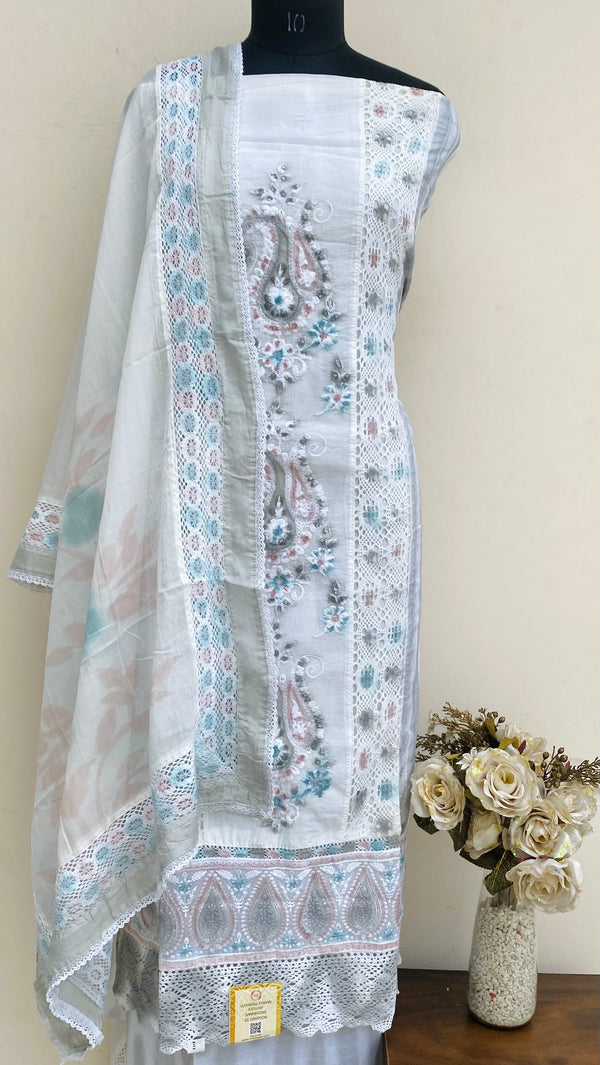 Designer Embroidered Suit Length 3 Piece White Mal Cotton With Sequence Work
