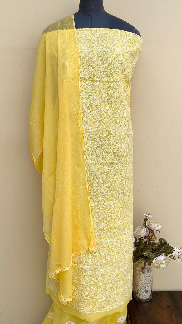 Lucknowi Chikankari Suit Length 3 Piece Yellow Cotton