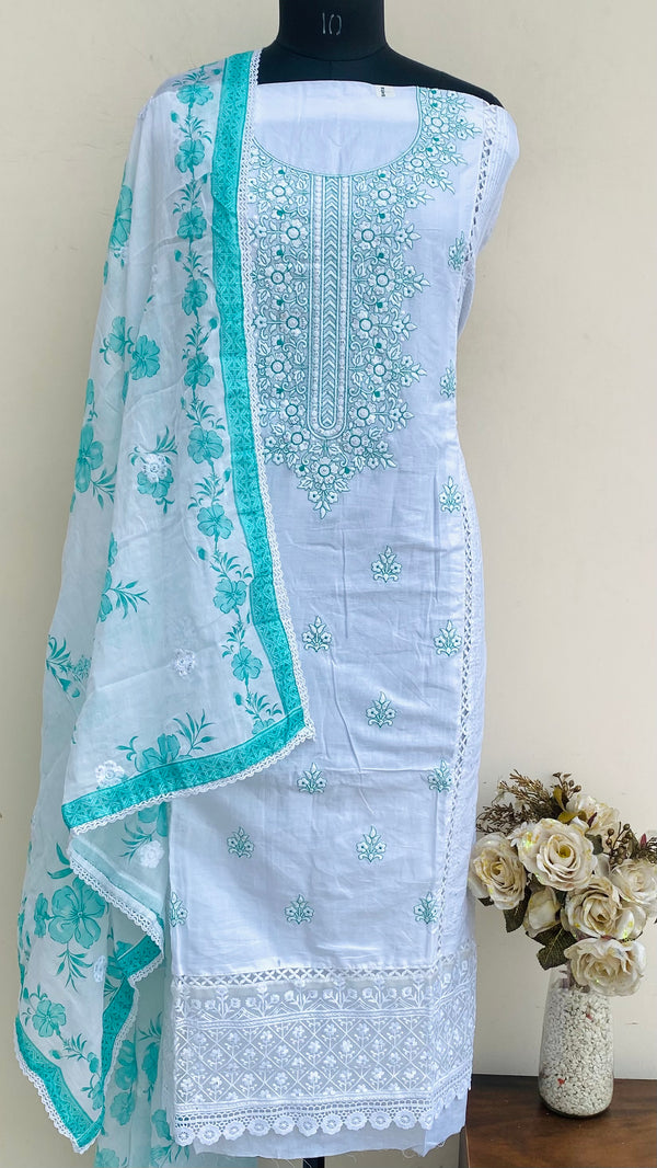 Designer Embroidered Suit Length 3 Piece White Mal Cotton With Sequence Work