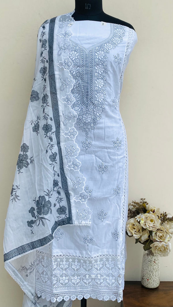 Designer Embroidered Suit Length 3 Piece White Mal Cotton With Sequence Work