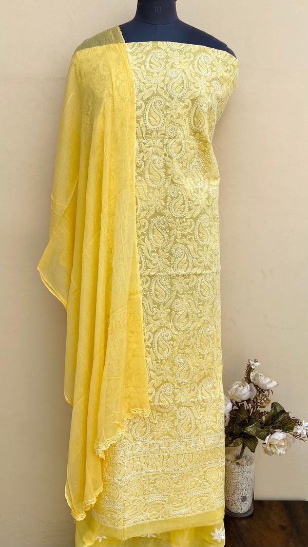 Lucknowi Chikankari Suit Length 3 Piece Yellow Cotton