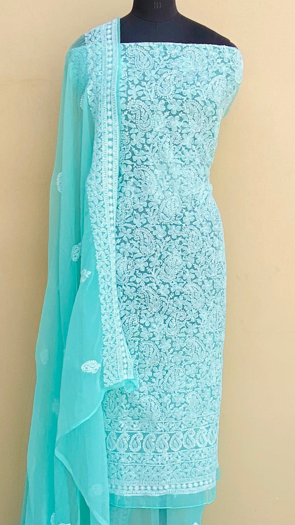 Lucknowi Chikankari Suit Length 3 Piece Sea Green Georgette