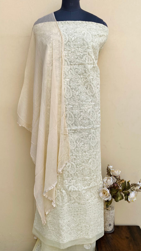 Lucknowi Chikankari Suit Length 3 Piece Beige Cotton