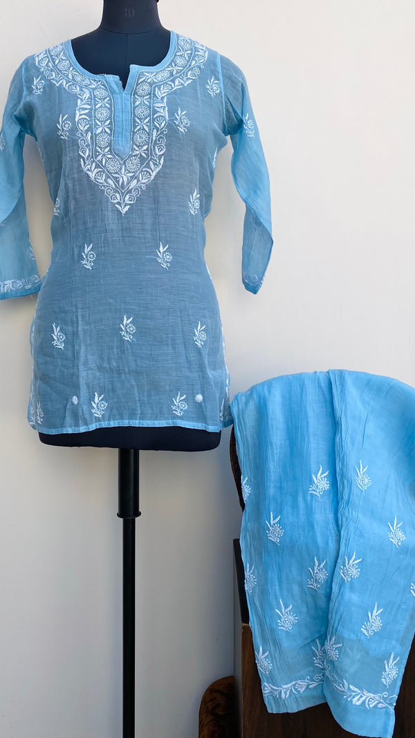 Lucknowi Chikankari Co-ord Set Blue Mal Chanderi