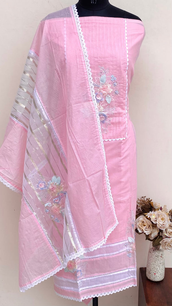 Designer Embroidered Suit Length 3 Piece Pink Kota With Pearl & Sequence Work