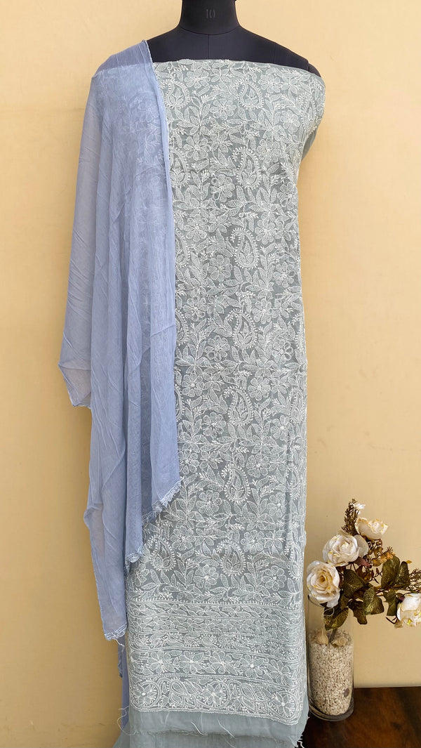 Lucknowi Chikankari Suit Length 3 Piece Gray Cotton