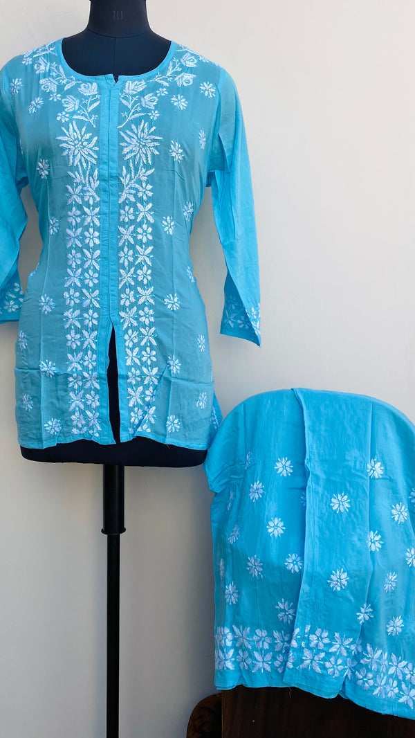 Lucknowi Chikankari Co-ord Set Blue Muslin Cotton