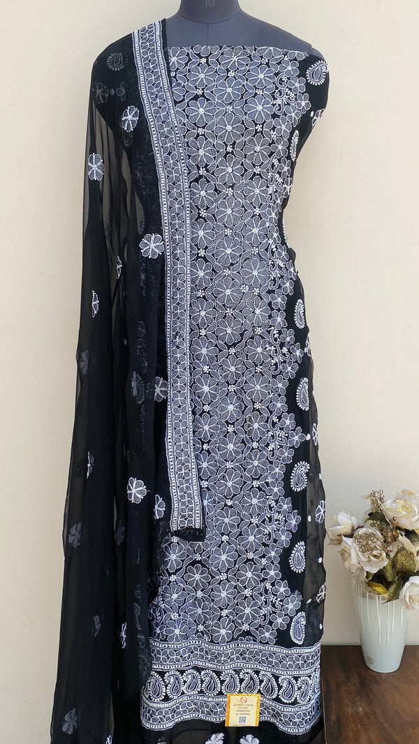 Lucknowi Chikankari Suit Length 3 Piece Black Georgette