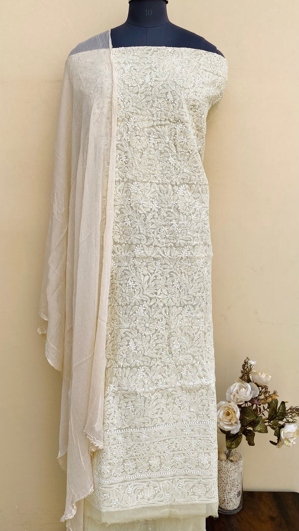 Lucknowi Chikankari Suit Length 3 Piece Beige Cotton