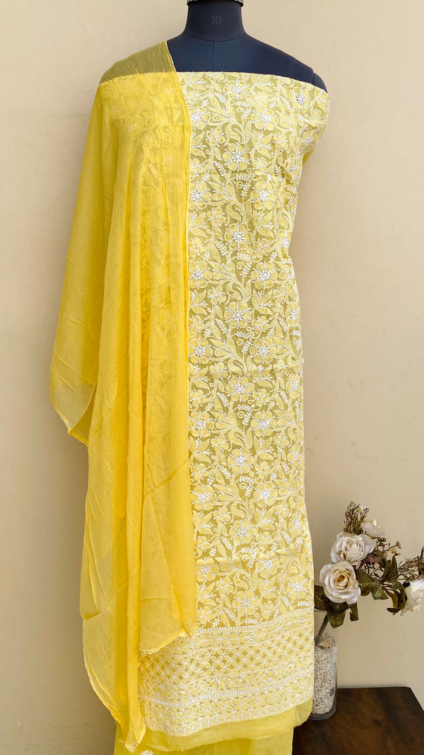 Lucknowi Chikankari Suit Length 3 Piece Yellow Cotton