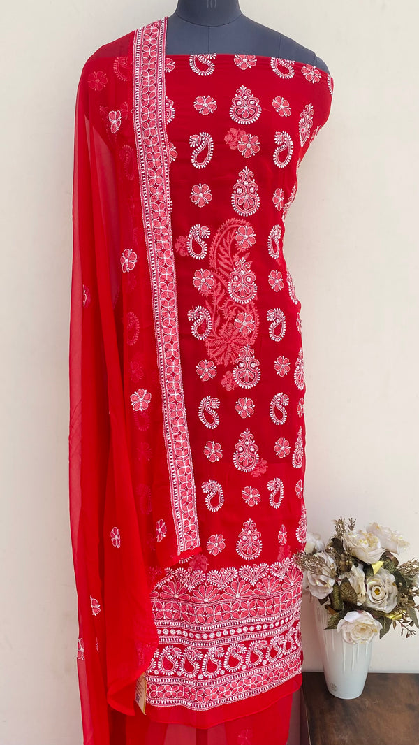 Lucknowi Chikankari Suit Length 3 Piece Red Georgette With Jaali Work