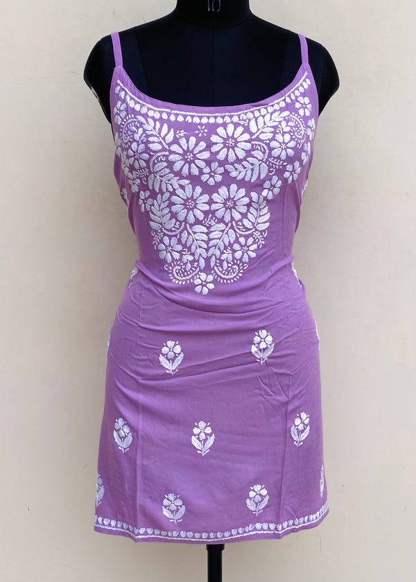 Lucknowi Chikankari Noodle Strap Short Kurti Purple Modal Cotton