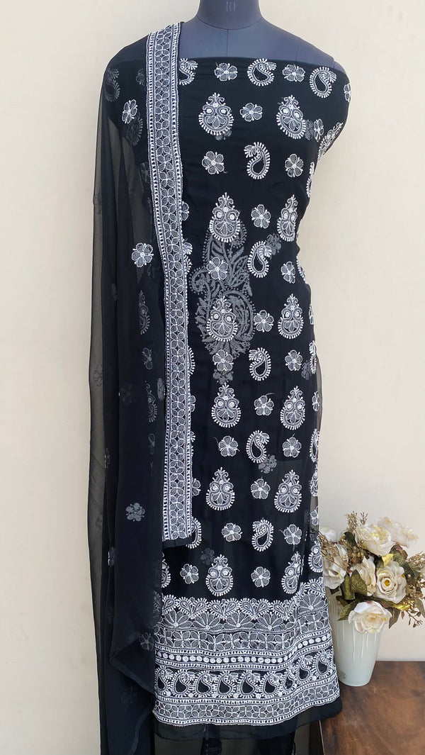 Lucknowi Chikankari Suit Length 3 Piece Black Georgette With Jaali Work