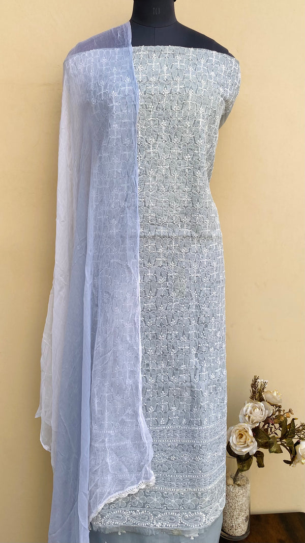 Lucknowi Chikankari Suit Length 3 Piece Gray Cotton