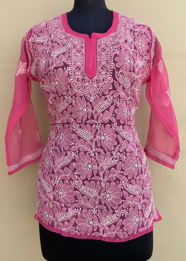 Lucknowi Chikankari Short Kurti Pink Georgette