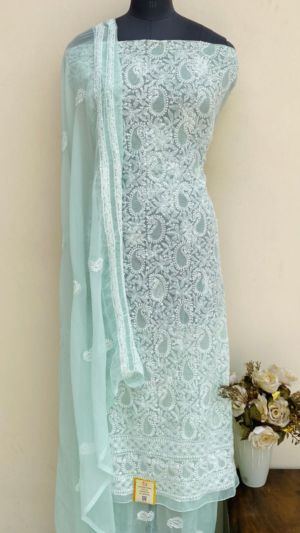 Lucknowi Chikankari Suit Length 3 Piece Sea Green Georgette With Jaali Work