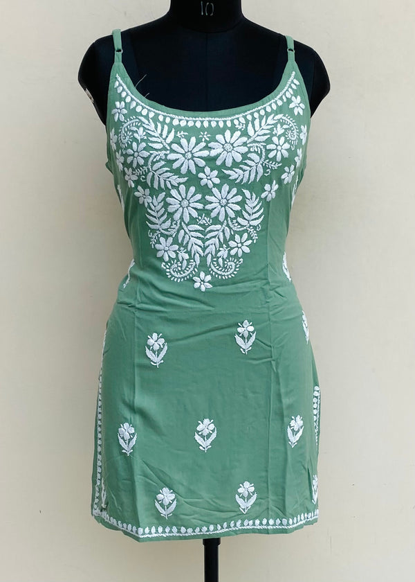 Lucknowi Chikankari Noodle Strap Short Kurti Teal Green Modal Cotton