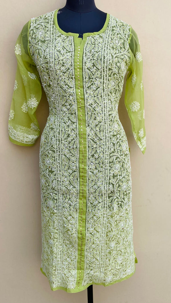 Lucknowi Chikankari Kurti Mahendi Green Georgette With Mukaish