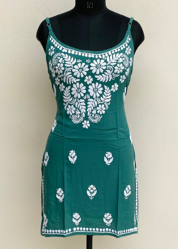 Lucknowi Chikankari Noodle Strap Short Kurti Green Modal Cotton