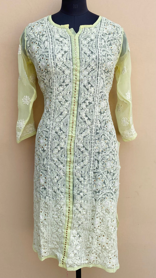 Lucknowi Chikankari Kurti Lemon Yellow Georgette With Mukaish Work