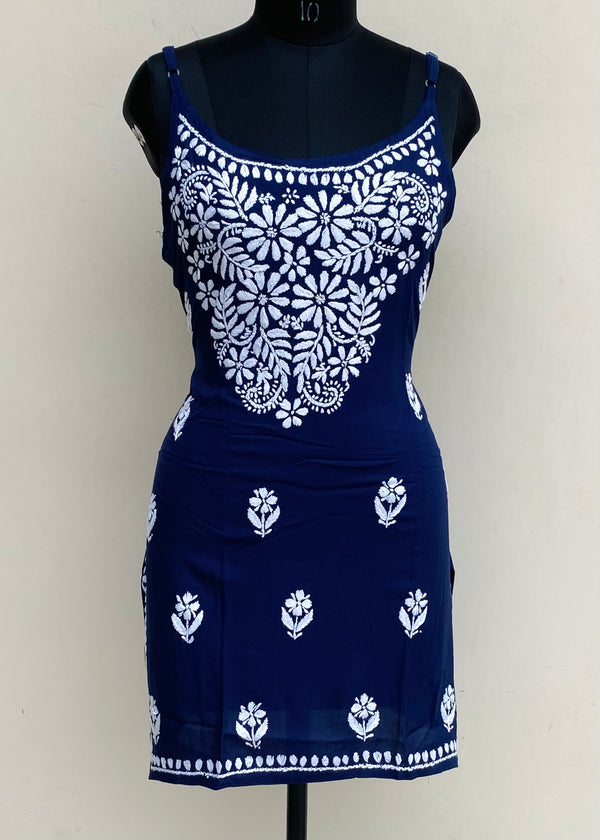 Lucknowi Chikankari Noodle Strap Short Kurti Navy Blue Modal Cotton