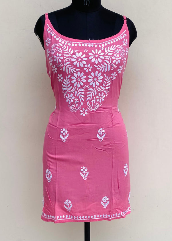 Lucknowi Chikankari Noodle Strap Short Kurti Pink Modal Cotton