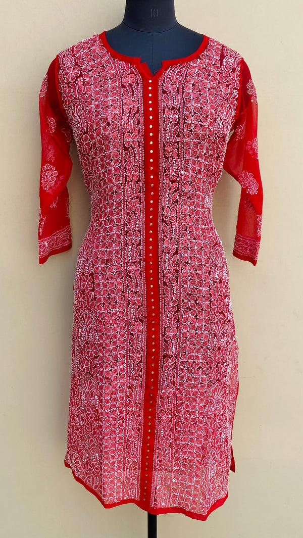 Lucknowi Chikankari Kurti Red Georgette With Mukaish Work