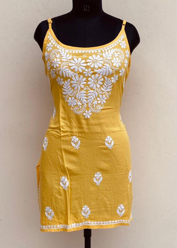 Lucknowi Chikankari Noodle Strap Short Kurti Yellow Modal Cotton