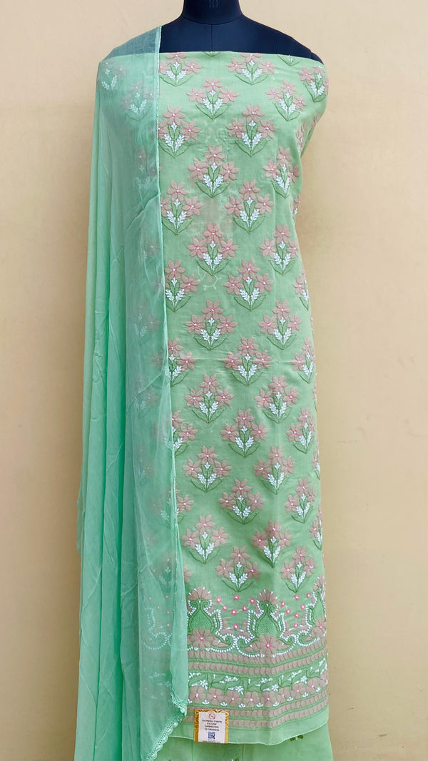 Lucknowi Chikankari Suit Length 3 Piece Green Cotton With Jaali Work